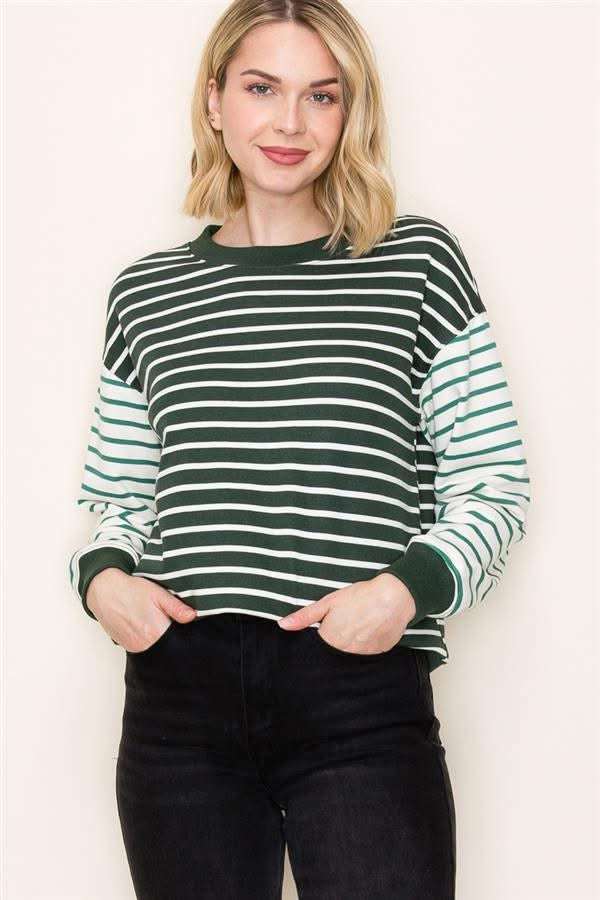 Colorful Stripped Pullover w/ Contrast Sleeve