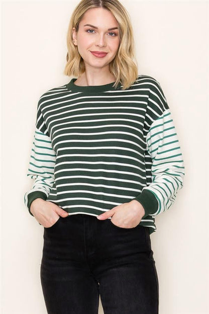 Colorful Stripped Pullover w/ Contrast Sleeve