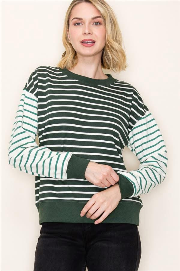 Colorful Stripped Pullover w/ Contrast Sleeve