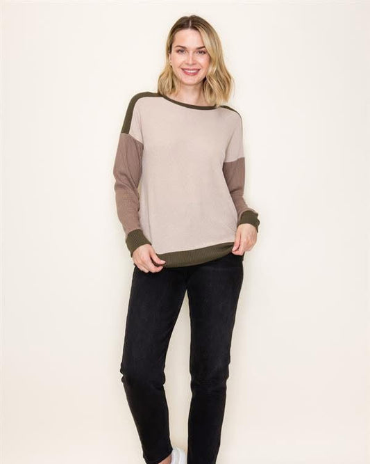 Color Block w/ Olive Green Wide Neck Top