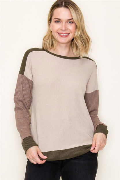 Color Block w/ Olive Green Wide Neck Top
