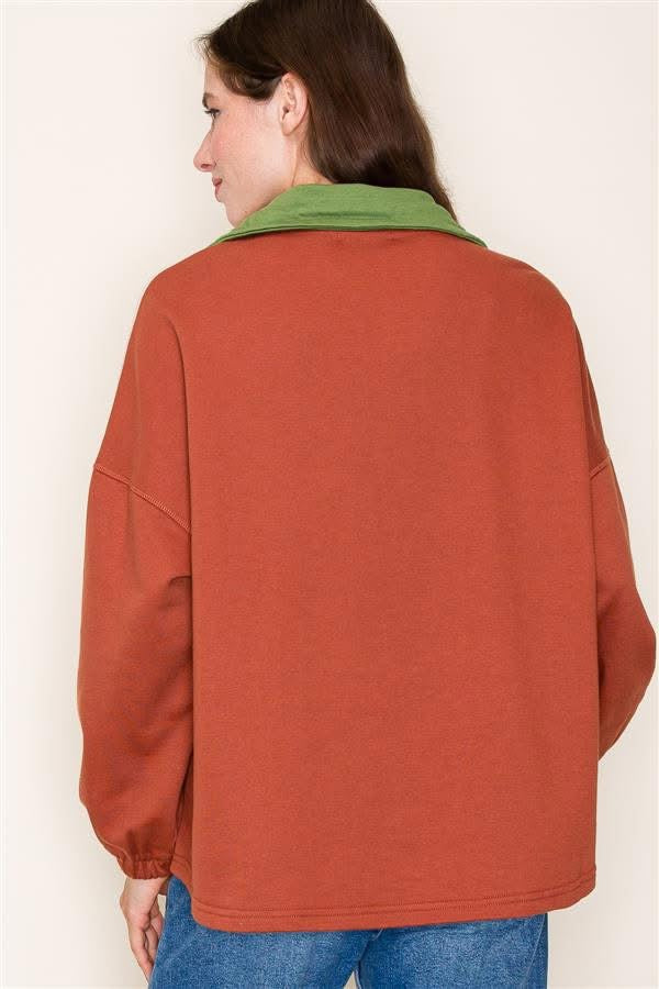 Rust Popup Green Collar Pullover