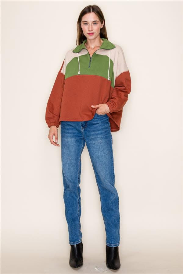 Rust Popup Green Collar Pullover