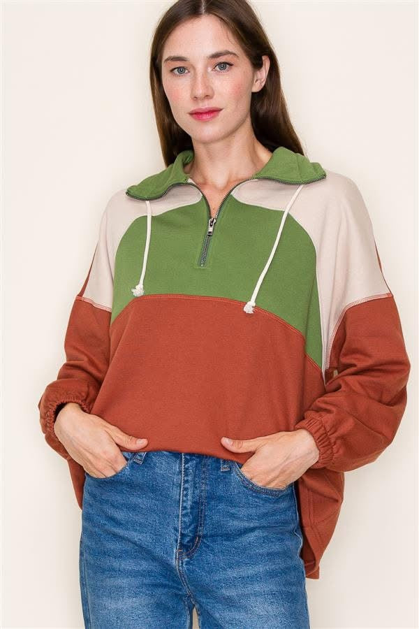 Rust Popup Green Collar Pullover