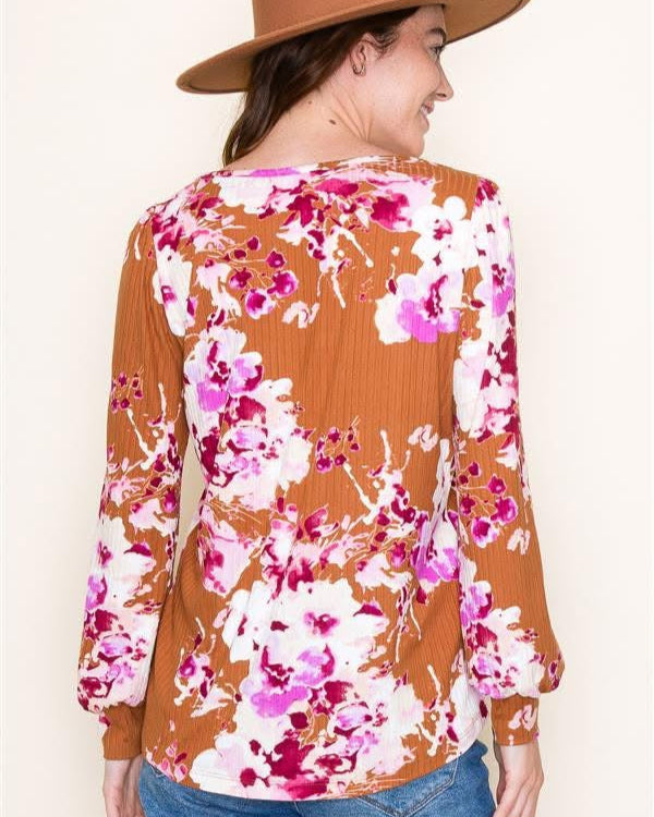 Rust & Pink Floral V-Neck Blouse