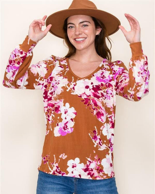Rust & Pink Floral V-Neck Blouse