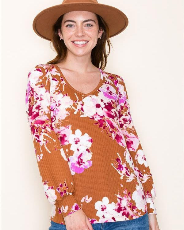 Rust & Pink Floral V-Neck Blouse