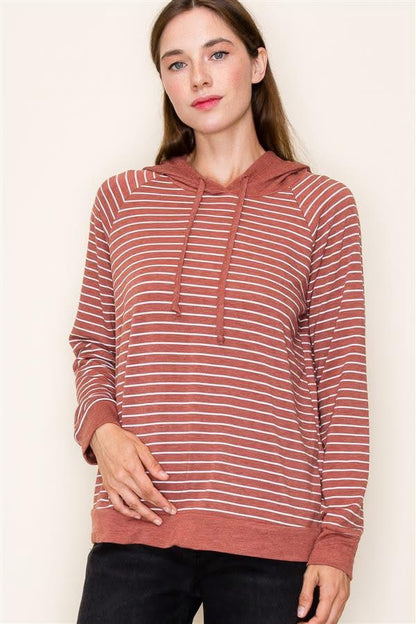 Rust Orange Stripe Drawstring Hoodie