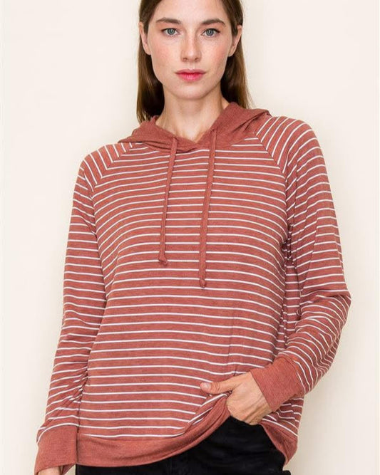 Rust Orange Stripe Drawstring Hoodie
