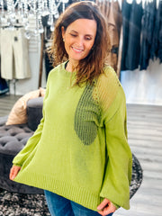 Green Slashed Open Knit Sweater