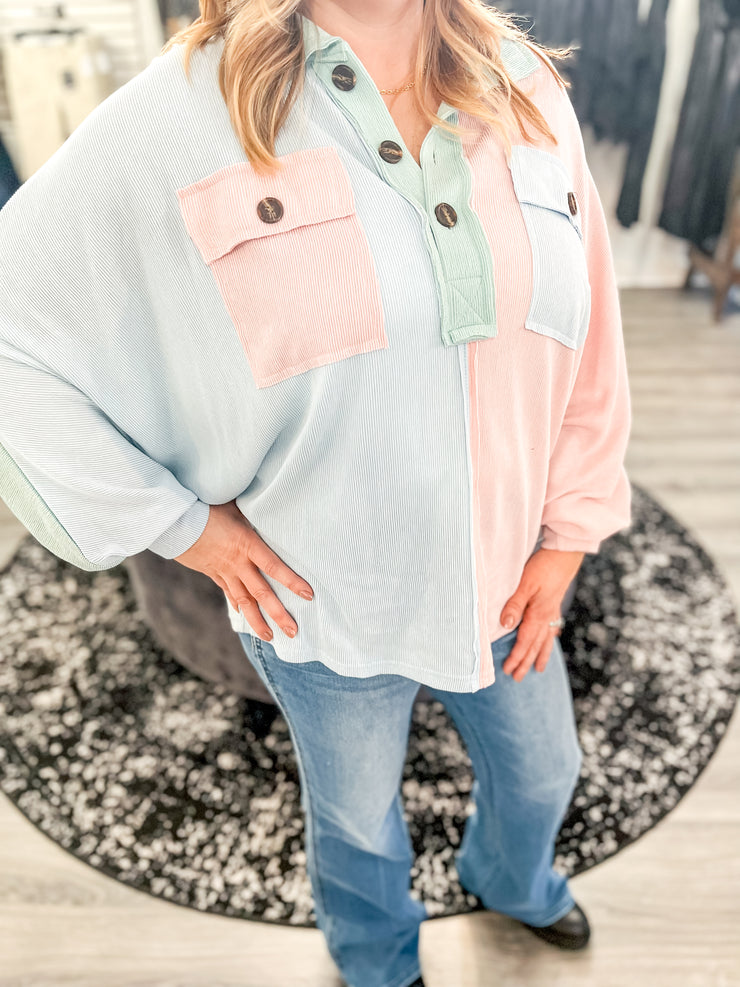 Colorblock Batwing Button Top