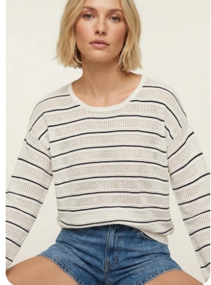 Long Sleeve Striped Pointelle Weave Sweater; White with Navy Stripe Pointelle Weave Pullover Sweater; White with Papaya Stripe Pointelle Weave Pullover Sweater; White with Mint Stripe Pointelle Weave Pullover Sweater