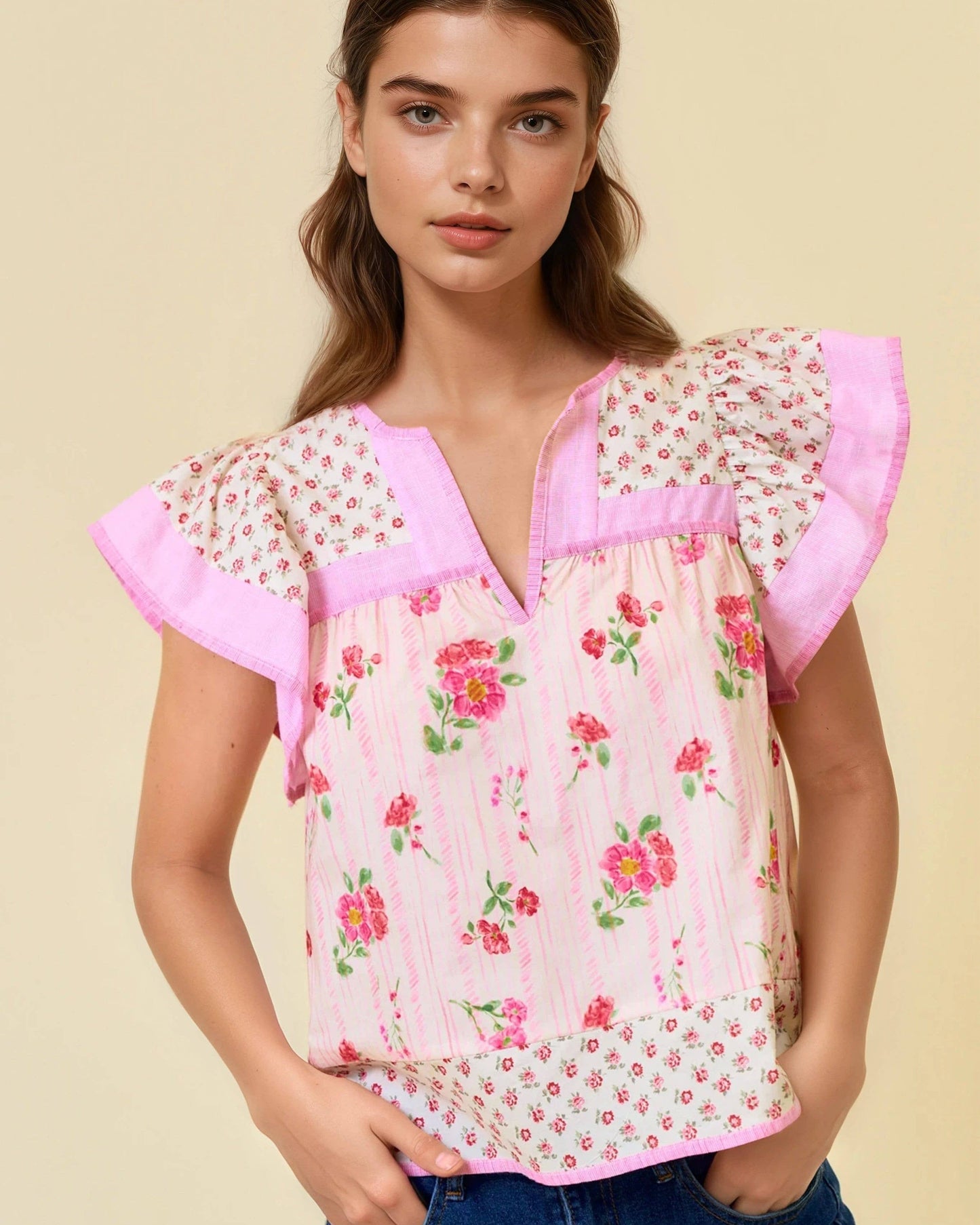 Pink Flutter Sleeve Floral Top; Blue Flutter Sleeve Floral Top