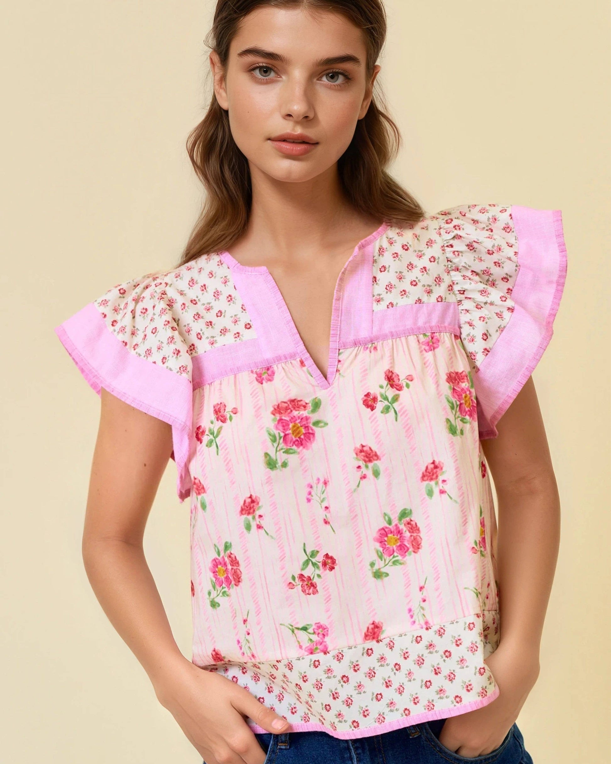 Pink Flutter Sleeve Floral Top; Blue Flutter Sleeve Floral Top