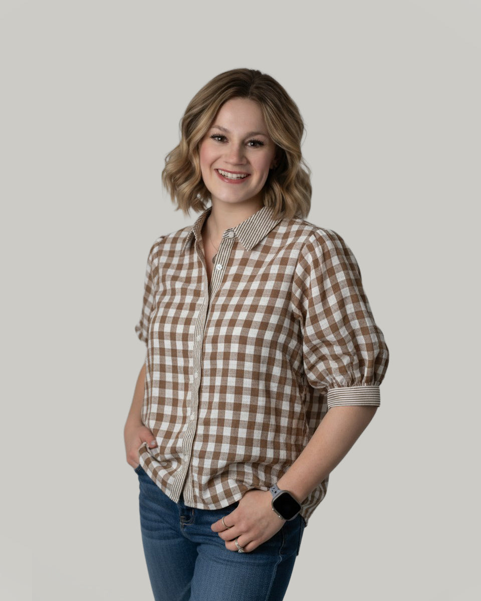 mocha-gingham-stripe-button-up-top