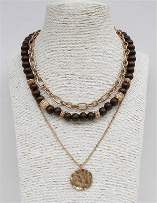 Wood & Gold Coin Layered Necklace