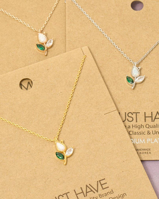 Gold Tulip with Opal and Green Gems Necklace; Gold Tulip Necklace