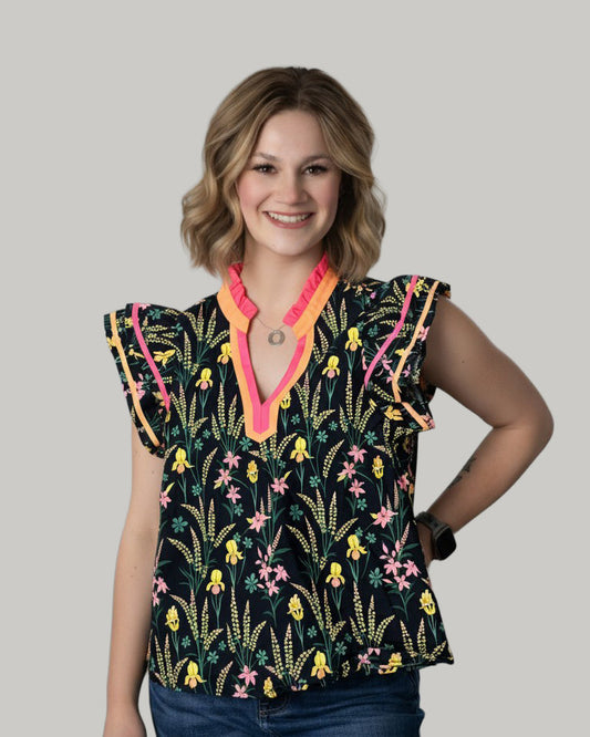 floral-short-sleeve-v neck-top