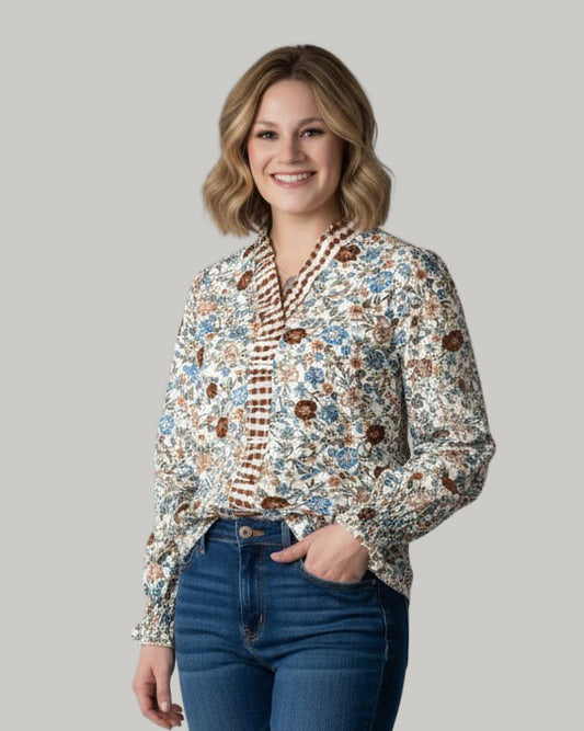 Plaid-frilled-v neck-floral-long-sleeve