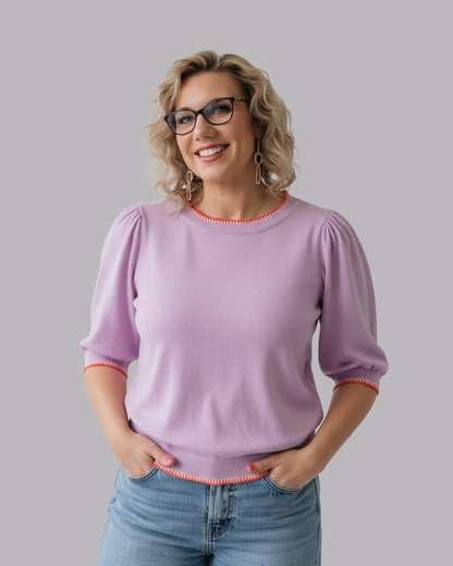 Purple-pink-puff-half-sleeve-knit-top