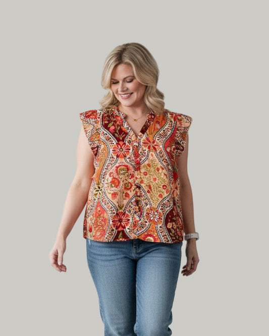 paisley-sleeveless-top-orange-coral-yellow