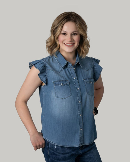 ruffled-short-sleeve-denim-shirt