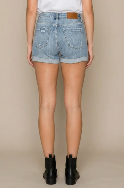 High Rise Cuffed Stretch Denim Shorts