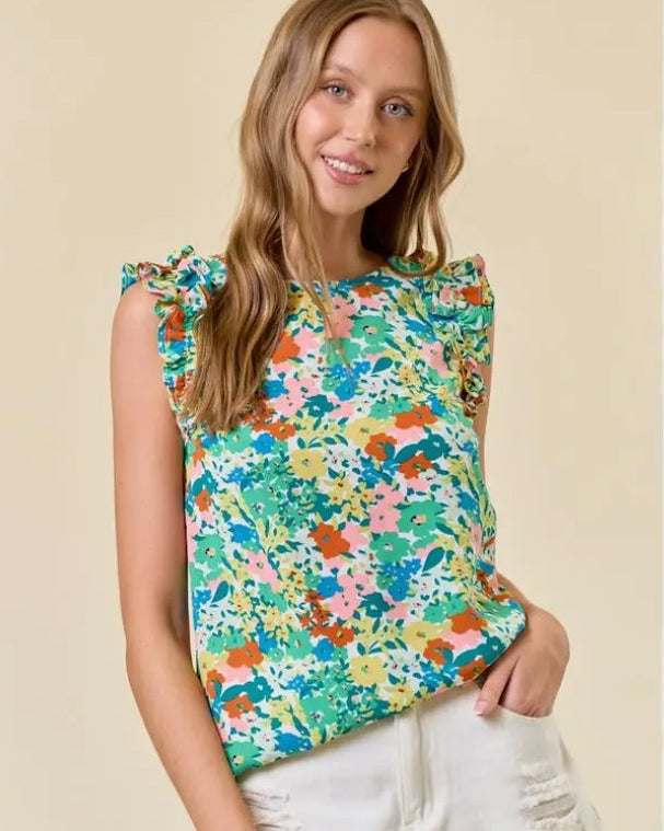 Green Floral Round Neck Ruffled Cap Sleeve