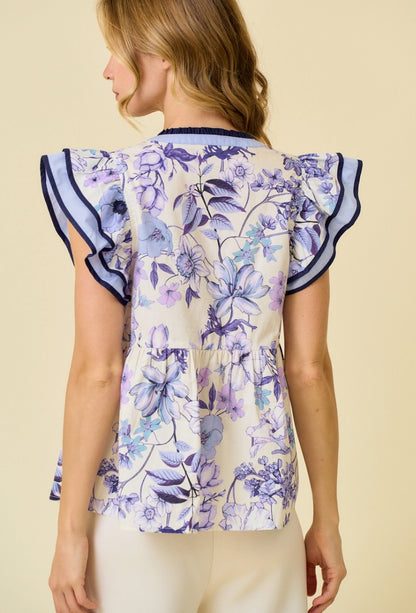 Blue & Lavender Floral Ruffle Top