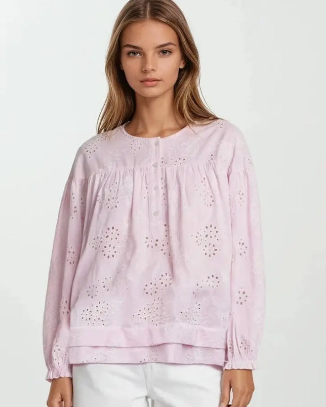 Eyelet Embroidered Long Sleeve Button Down Top