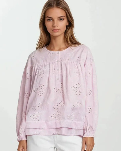 Eyelet Embroidered Long Sleeve Button Down Top