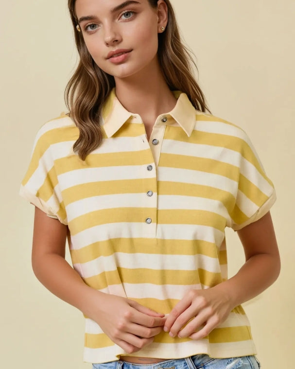 Yellow Rugby Stripe w/ Button Closure Top
