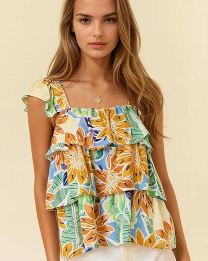 Floral Print Ruffled Layered Tank