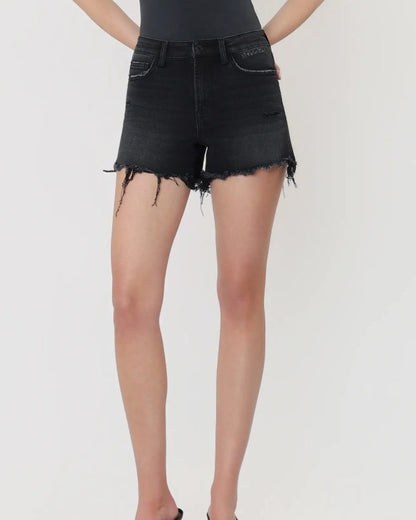 High Rise Black Uneven Distressed Hem Shorts