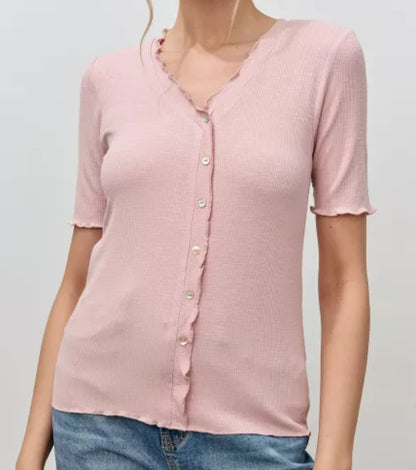 V-Neck Ribbed Short Sleeve Top