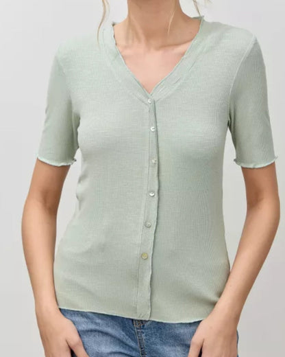 V-Neck Ribbed Short Sleeve Top