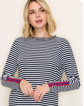 Striped Long Sleeve Top w/ Color Tape Sleeve Detail