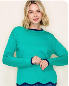 Green w/ Blue Pop of Color Scalloped Hem Pullover