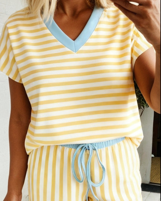 Yellow & White Striped Drawstring Shorts
