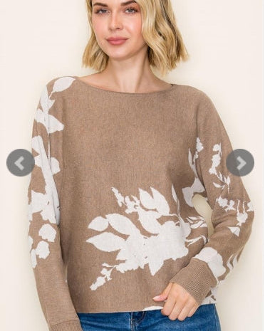 Tan Flower Jacquard Sweater with Dolman Sleeve