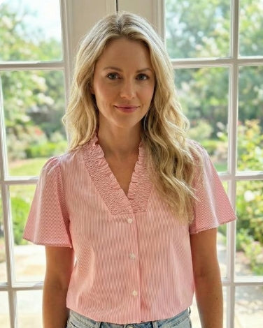 Coral Pinstripe Flutter Sleeve Blouse