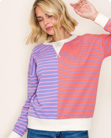Purple & Coral Pink Striped Pullover