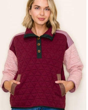 Burgundy & Pink Quilted Sweatshirt w/ Pockets