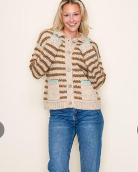 Mocha w/ Aqua Trim Striped Grandpa Cardigan