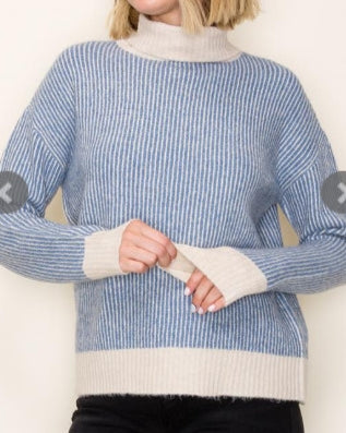 2 Tone Blue & Cream Ribbed Turtleneck Sweater