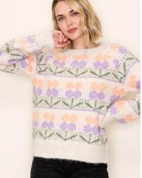 Peach & Lavendar Chunky Yarn Flower Sweater