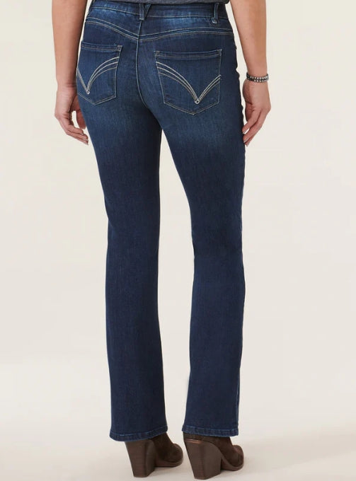 "Ab"solution" High Rise Embroidered Indigo Itty Bitty Boot Jean