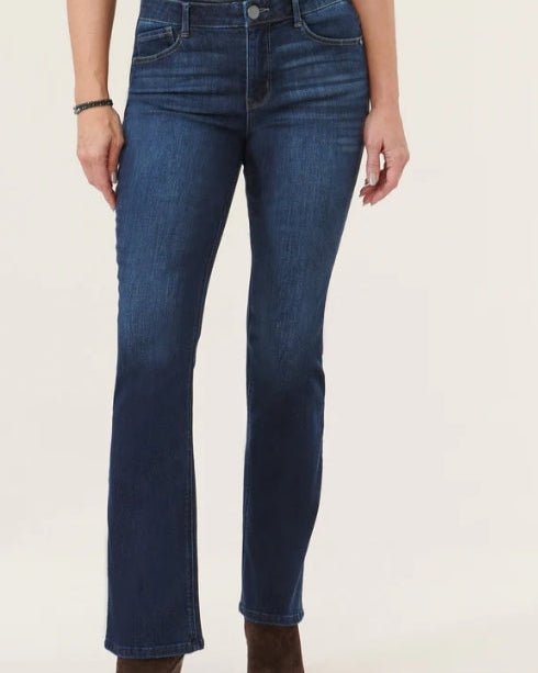 "Ab"solution" High Rise Embroidered Indigo Itty Bitty Boot Jean