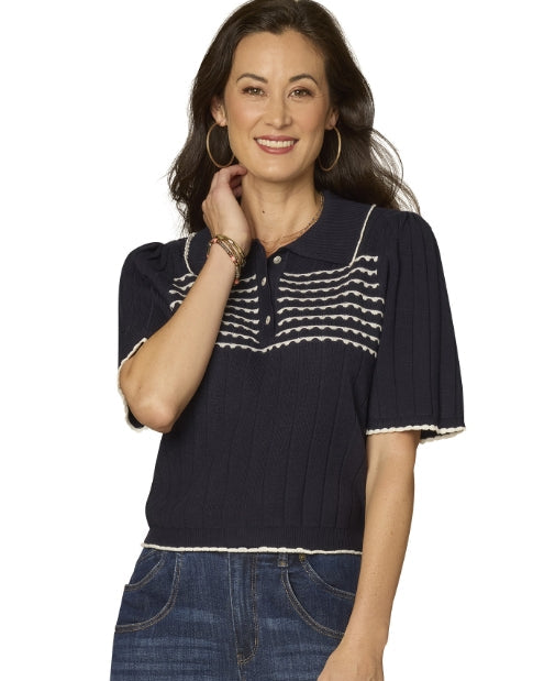 Navy w/ White Scalloped Edges Short Sleeve Sweater