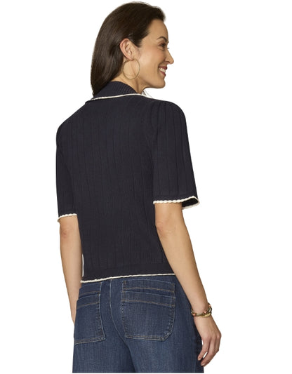 Navy w/ White Scalloped Edges Short Sleeve Sweater